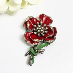 New England Glass Works Trembler Brooch Red Pansy Flower Enamel Pot Metal